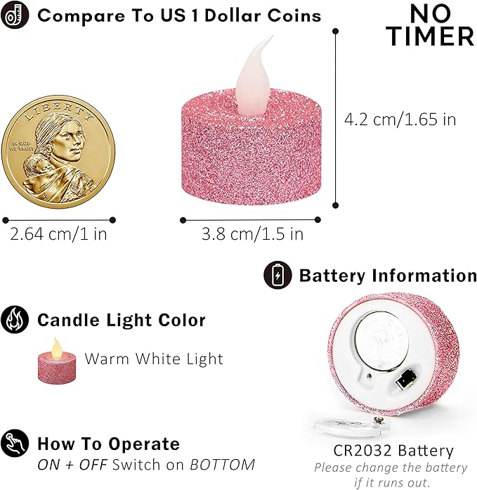 FURORA LIGHTING Pink Glitter LED Tealight Candles Pack of 12, Flameless Flickering Tealight Candles for Home Décor, 1.5’’(W) x 1.65’’(H), Battery Operated