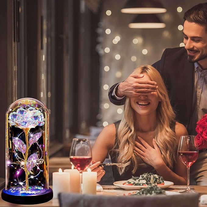 Christmas Rose Gifts for Women Mom, Womens Gifts for Christmas, Glass Flower Gifts for Sister, Rose Enchanted Crystal Flower Gift Light Up in Glass Dome,Birthday Gift for Women Wife Gold