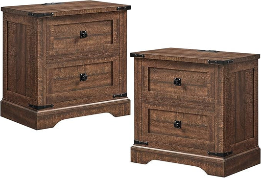 T4TREAM 24" Farmhouse Nightstand with Charging Station Set of 2, Large End Table with 2 Storage Drawers, Rustic Wood Sofa Bedside Table for Bedroom, Reclaimed Barnwood Color