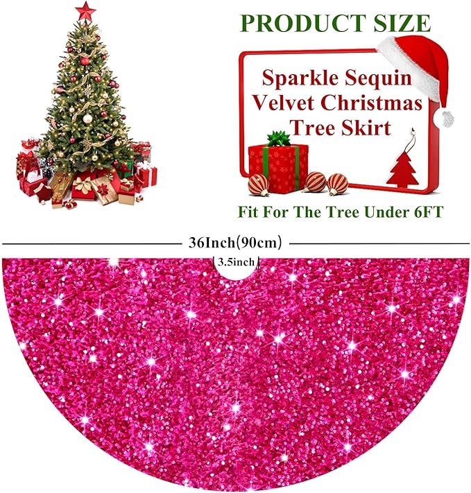 FUHSY Hot Pink Tree Skirt Sequin Christmas Tree Skirt 36 Inches Fuchsia Tree Skirts Velvet Xmas Tree Floor Mat for Christmas Decorations Indoor Xmas Tree Skirt Collar for Christmas Holiday Party