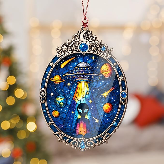 Alien Ornament – UFO Decor | Galaxy Ornament + Sci Fi Keepsake – Space Lover Gift – Alien Christmas Ornament – Suncatcher Effect Stained Glass Window Hanging – Car Hanging Decoration