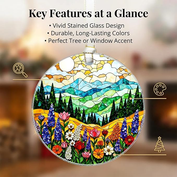Mountain Christmas Ornaments 2025, Stained Glass Christmas Tree Decorations, Exchange for Women, Men, Collectible Dated Year Ornaments for Tree - Glass Hanging Ornament