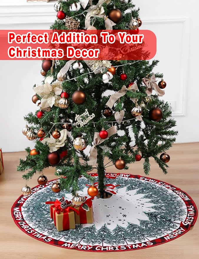 Christmas Tree Skirt 48 Inch, Merry Christmas Snowflake Design, Thick Flannel Fabric, Winter Holiday Tree Mat Decoration