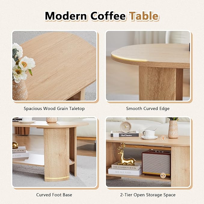 43.3” Oval Coffee Table for Living Room, Wood Farmhouse Coffee Tables with Storage, 2-Tier Center Table with Storage Shelf Low Tea Table for Small Space, Home, Office, Easy Assembly (Natural)