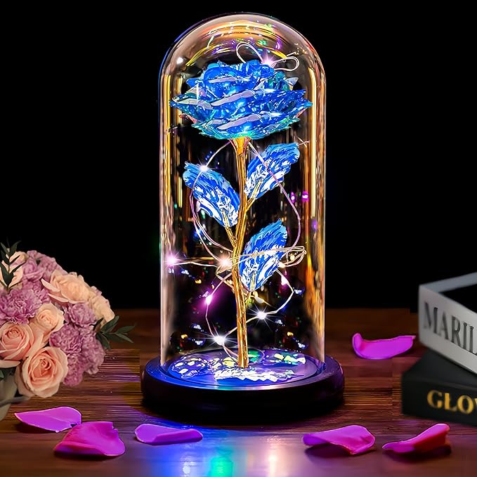 Christmas Rose Gifts for Women Mom, Womens Gifts for Christmas, Glass Flower Gifts for Sister, Rose Enchanted Crystal Flower Gift Light Up in Glass Dome,Birthday Gift for Women Wife Blue