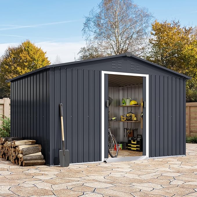 10X12 Ft Outdoor Metal Storage Shed with Roof, Weatherproof Steel Tool Shed with Lockable Door for Lawn Mower, Bike & Garden Equipment Storage