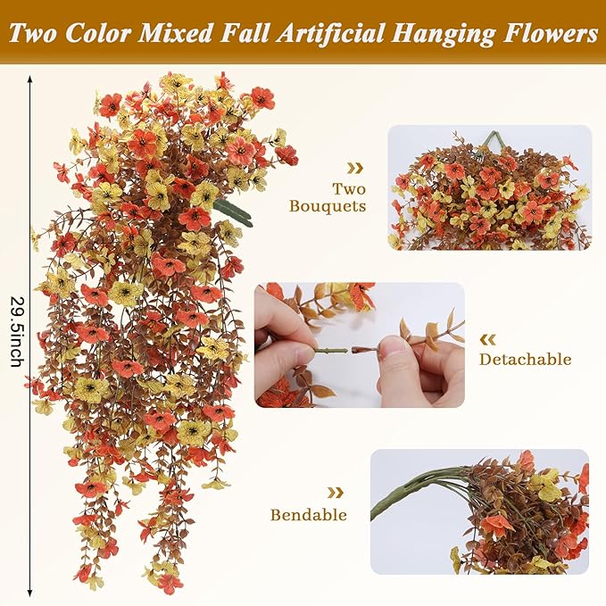 Geegoods Artificial Mum Flowers for Outdoors, 2Pcs Hanging Flowers Plants UV Resistant Realistic Silk Flowers for Outside Patio Porch Garden Yard Balcony Fall Decor