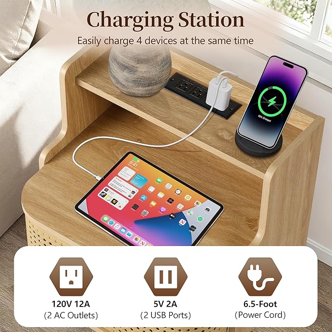 Metal Rattan End Table with Charging Station, Mid Century Modern Nightstand with 2 Doors, Bed Side Table with Storage for Couch,Living Room,Small Spaces, Sofa Side Table for Office,Dorm - Natural