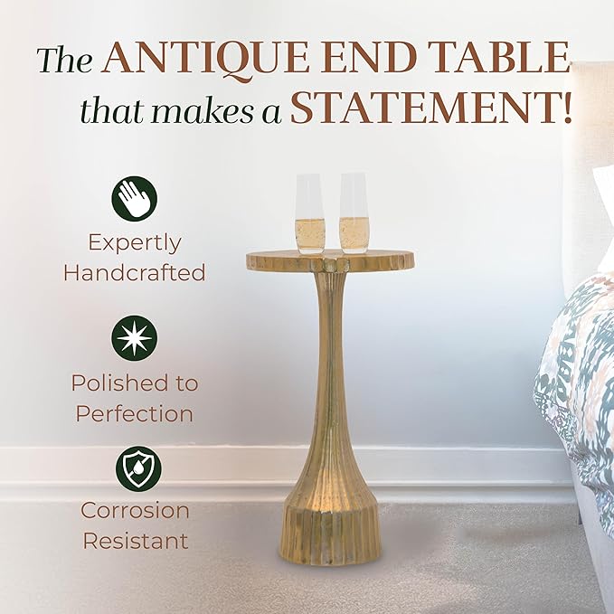 OBJET D'ART Small Round Gold End Table, Cyrus, 22'' Height, Vintage Metal Accent, Side, Pedestal, Cocktail, and Drink Tables for Living Room and Small Spaces