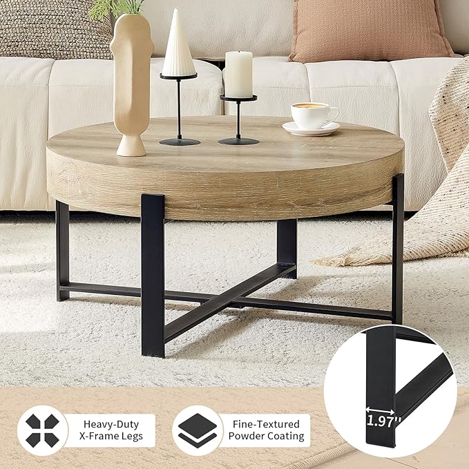 LKTART 31.5'' Round Coffee Table for Living Room, Modern Wood Handcraft Drum Coffee Table with Storage, Stainless Steel Legs Tea Tables, Apartment Small Space, Natural Wood