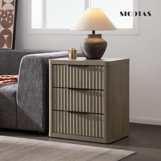 SICOTAS Night Stand Set of 2 Nightstands with 3 Drawers Storage Bedside Table Large Fluted Bed Side End Table Modern 25.6" Tall Wide Night Stands for Bedroom Living Room Sofa Couch Office, Grey Alder