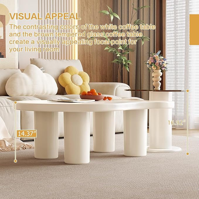 Nesting Coffee Table Set of 2, Irregular Shape Center & Small Tempered Glass Top Accent Side Table, Modern Home Decor Table Set for Living Room, Bedroom, Office