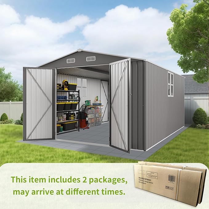 10x14 FT Outdoor Storage Shed, Large Metal Garden Shed with Side Door, Outside Tool Sheds with 2 Windows, Waterproof Storage Building with 4 Air Vents for Backyard, Patio, Lawn, Gray