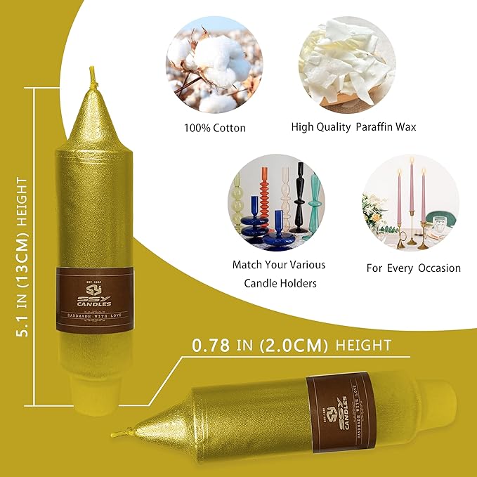 5Inch Short Taper Candles Candlesticks Handmade Set of 4 Unscented Smokeless Dripless Tapered Candle Candle Stick for Wedding Christmas Decoration(Gold)