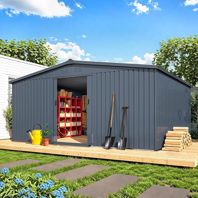 AECOJOY 12' x 14' Shed, Outdoor Storage Shed with Sliding Door, 14x12 Sheds & Outdoor Storage Clearance Backyard Shed Storage Cabinet, Large Metal Storage Tool Shed