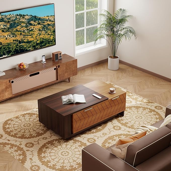 42"- 65" Extendable Coffee Table with Storage, Reversible Wood Coffee Table with 2 Drawers, Two-Tone Large Adjustable Center Table for Living Room, Office (Dark Walnut)