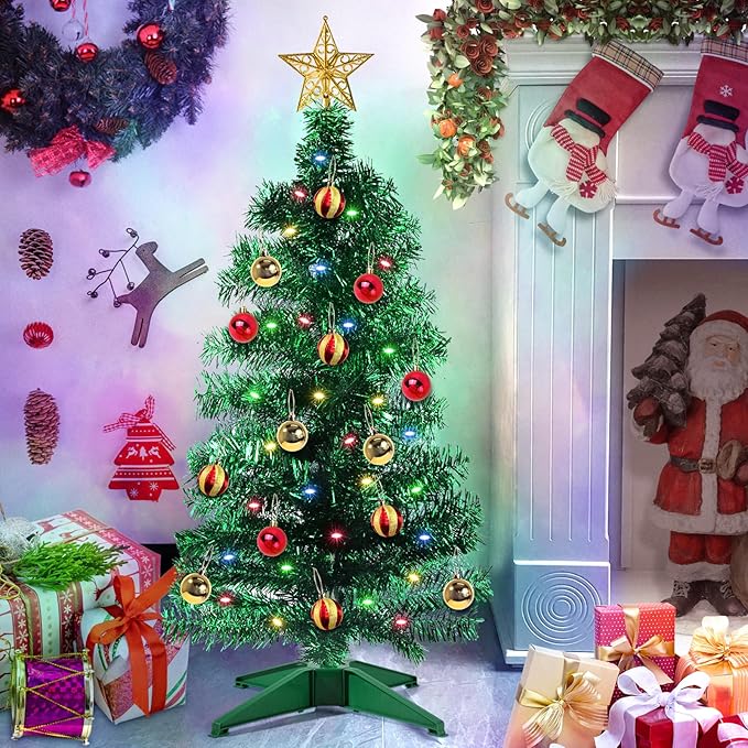 3 Ft Green Christmas Tree, 12 Modes Timer DIY 50 Multicolor Lights 15 Ball Ornaments 3D Star Battery Operated Artificial Xmas Tree for Indoor Home Holiday Party Decorations