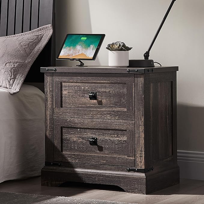 T4TREAM 24" Farmhouse Nightstand with Charging Station, Large End Table with 2 Storage Drawers, Rustic Wood Sofa Bedside Table for Bedroom, Dark Rustic Oak