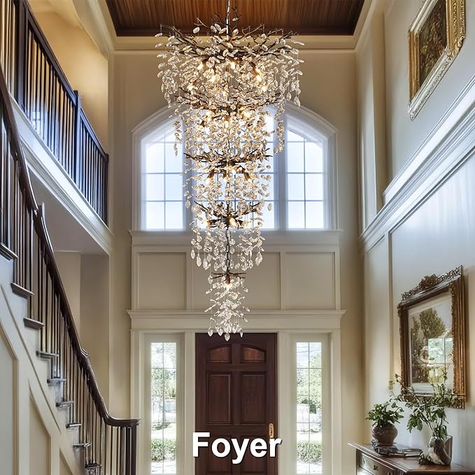 YUYI 63" Long Crystal Chandelier for High Ceiling, 28-Light Black Tree Branch Chandelier, Modern Large Chandeliers for Staircase, Foyer, Entryway, Living Room, 5-Tier Luxury K9 Raindrop Light Fixture
