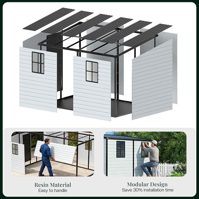 Jocisland 8x6x6 FT Resin Lean to Shed with Floor, Slanted Roof Lockable Outdoor Storage Shed with 2 Windows, Weather-Resistant Plastic Structure for Garden, Backyard, Patio, Lawn – Light Blue & Black