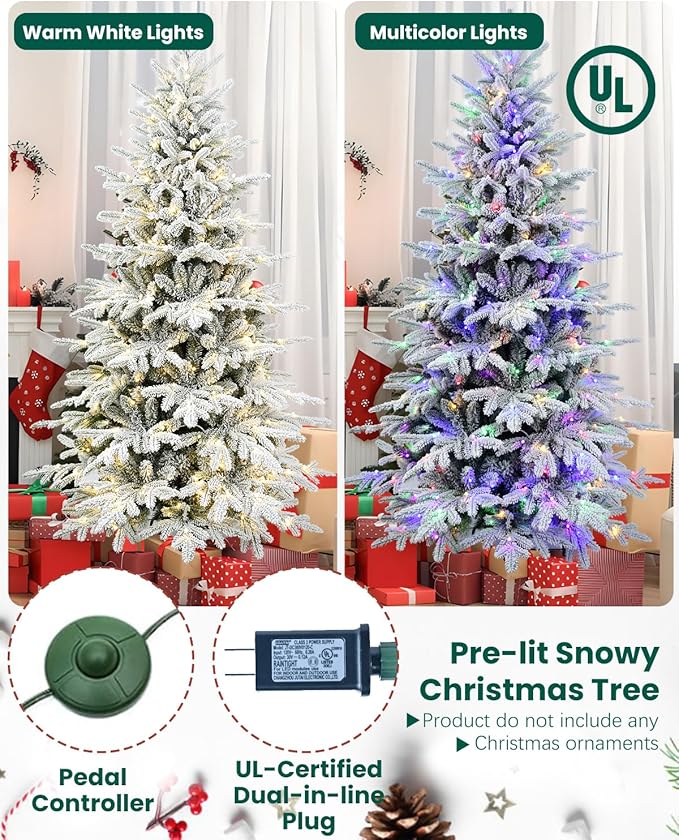 8FT Christmas Tree Prelit Flocked，Snow Frosted PE Tips Premium Artificial Xmas Tree，Foldable Metal Base, Holiday Decoration Warm White & Muticolor LED