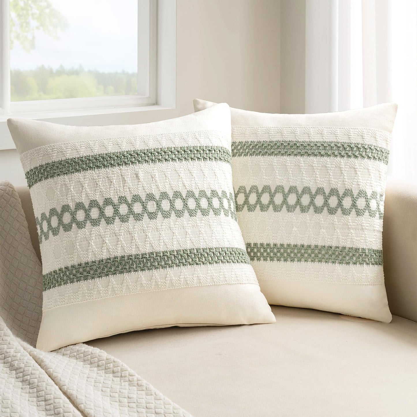 MIULEE Set of 2 Sage Green Boho Decorative Pillow Covers 20x20 Inch Farmhouse Rustic Couch Throw Pillows Modern Summer Cotton Cushion Covers Retro Cute Macrame Woven Home Decor for Bed Sofa Chair