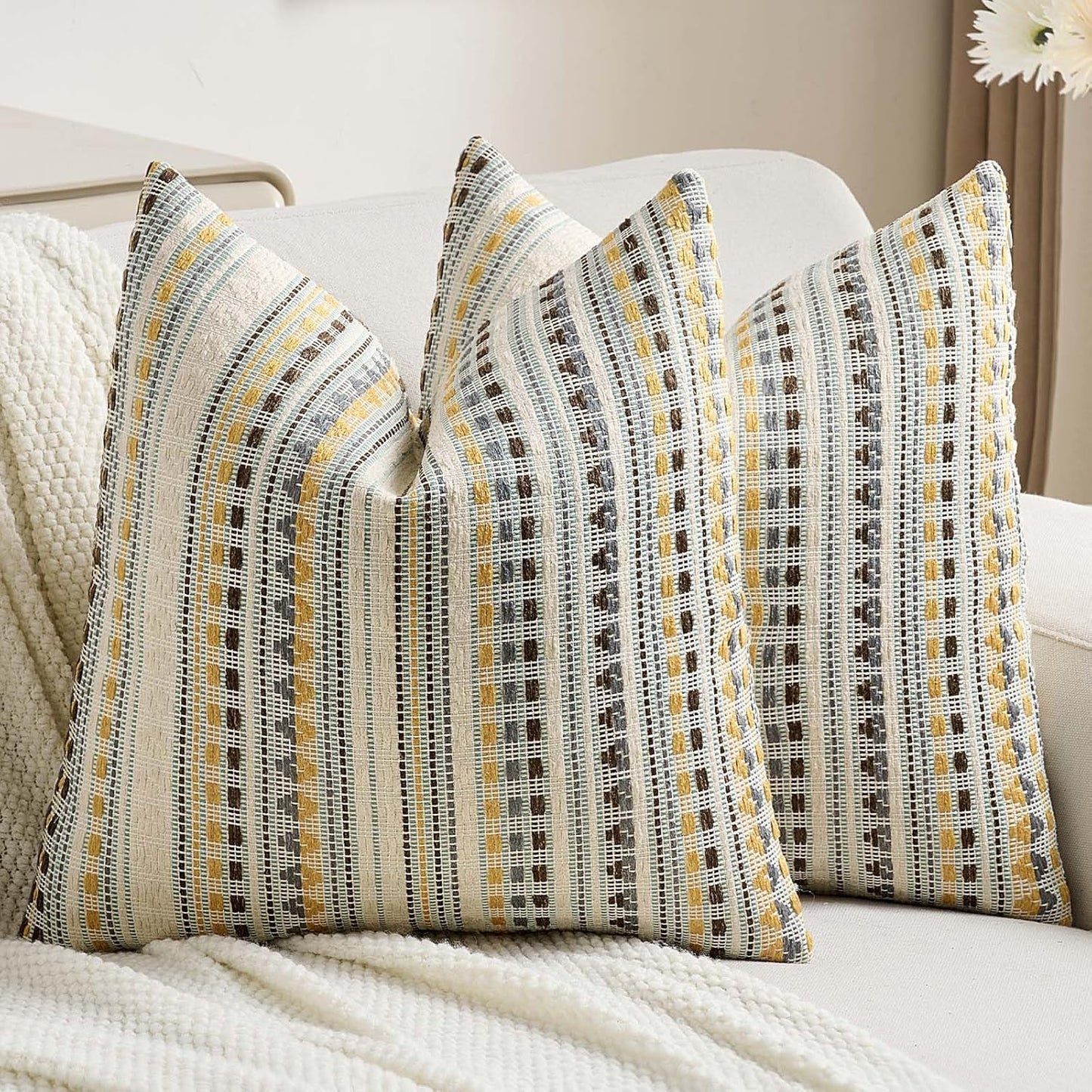 FUTEI Yellow Grey Decorative Throw Pillow Covers 20x20 Inch Set of 2,Soft Cozy Chenille Jacquard Textured Cushion Case,Boho Home Decor for Couch Bed Living Room