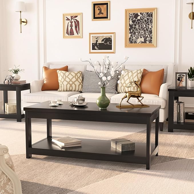 Homieasy Coffee Table with Storage Shelf, 43.3” Farmhouse Wood Coffee Tables for Living Room, Modern Center Tea Table, Black