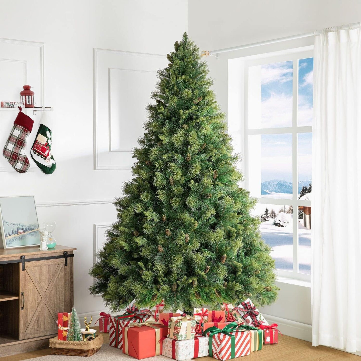 Naomi Home Vail 7.5ft Prelit Artificial Christmas Tree with Pine Cones, Foot Pedal, 1556 Branch Tips, 750 Warm Lights and Metal Stand, 61" Wide Realistic Traditional Christmas Tree with Lights