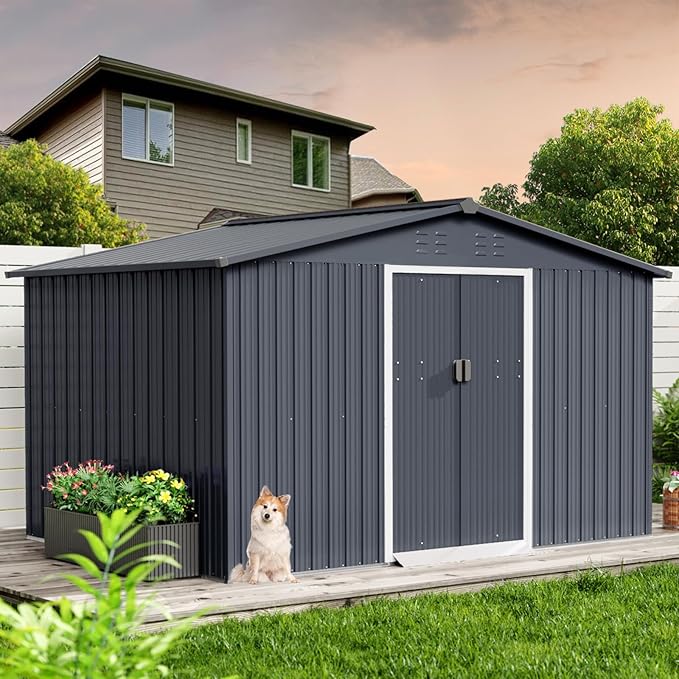 10X12 Ft Outdoor Metal Storage Shed with Roof, Weatherproof Steel Tool Shed with Lockable Door for Lawn Mower, Bike & Garden Equipment Storage