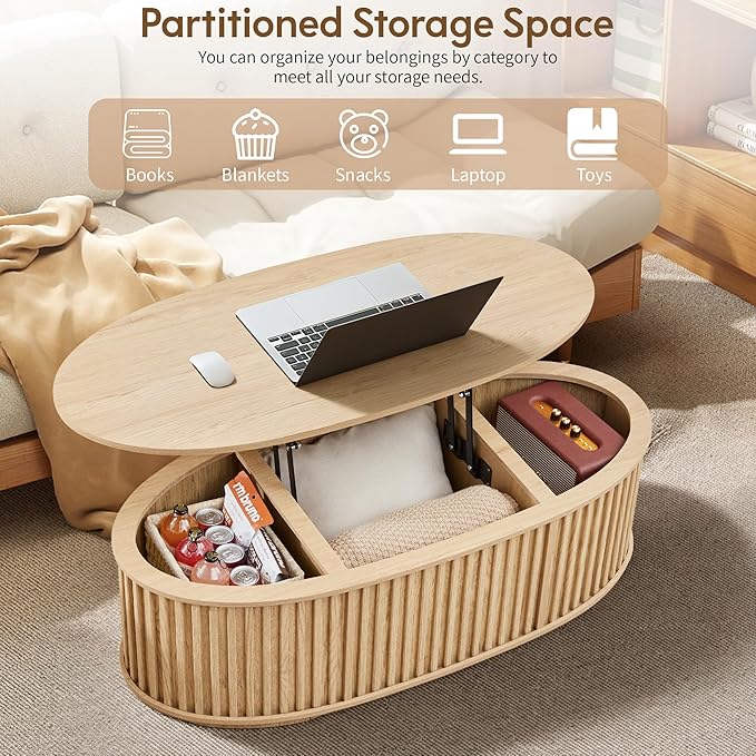 43.3'' Fluted Coffee Table with Hidden Storage Compartment, Mid Century Modern Oval Lift Top Coffee Table, Wooden Center Table Converts to Dining Tables for Living Room, Apartment (Natural)