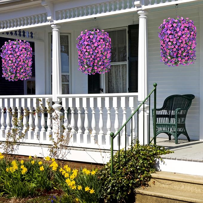 Artificial Fake Hanging Flowers with Basket for Outdoor Decoration,UV Resistant Faux Silk Daisy Flowers Dark Purple and Fuchsia Orchid Vines in Planter Realistic Hanging Baskets for Home Porch Garden