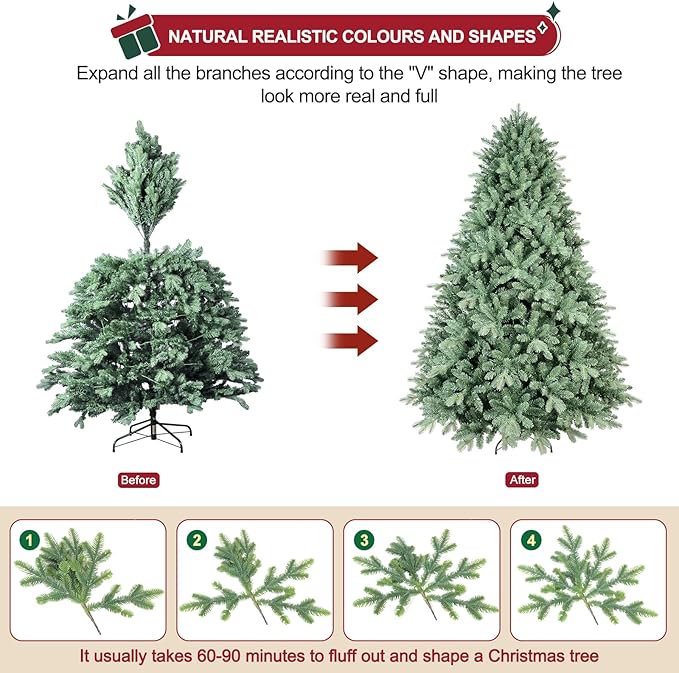 9ft Christmas Tree ，Artificial Full Christmas Trees for Home, Office, Xmas Decoration Spruce Trees with 4368 PE & PVC Branch Tips, Metal Hinges Foldable Base