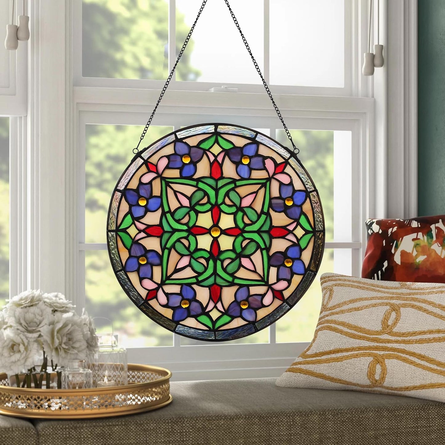 Handcrafted Stained Glass Window Panel - 12-Inch Round Floral Design with Vibrant Colors, Elegant Decorative Hanging Art for Home Décor, Includes 20-Inch Chain & Hook (Green Flower)