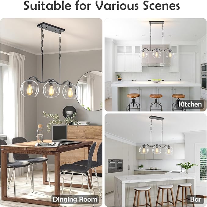 3-Light Black Pendant Light & Semi Flush Mount Ceiling Light, Industrial Farmhouse Linear Chandelier for Kitchen Island, Dining Room, Glass Globe Hanging Fixture