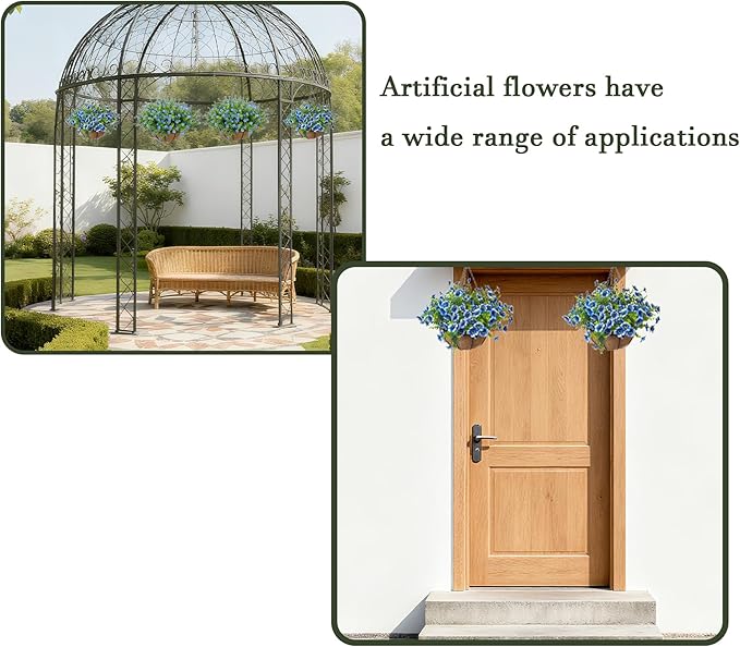 Artificial Hanging Plants Flowers with Basket 2 Packs, Artificial Hanging Flowers for Outdoors, Faux Hanging Plants Outdoor, Blue Fake Flowers