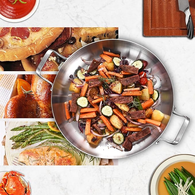 Inqibee 10-Inch Tri-Ply Stainless Steel Paella Pan with Lid, Omelet Pan, Large Skillet, Griddle, Stir-Fry, Jumbo Cooker, Induction Cooking, Dishwasher and Oven Safe