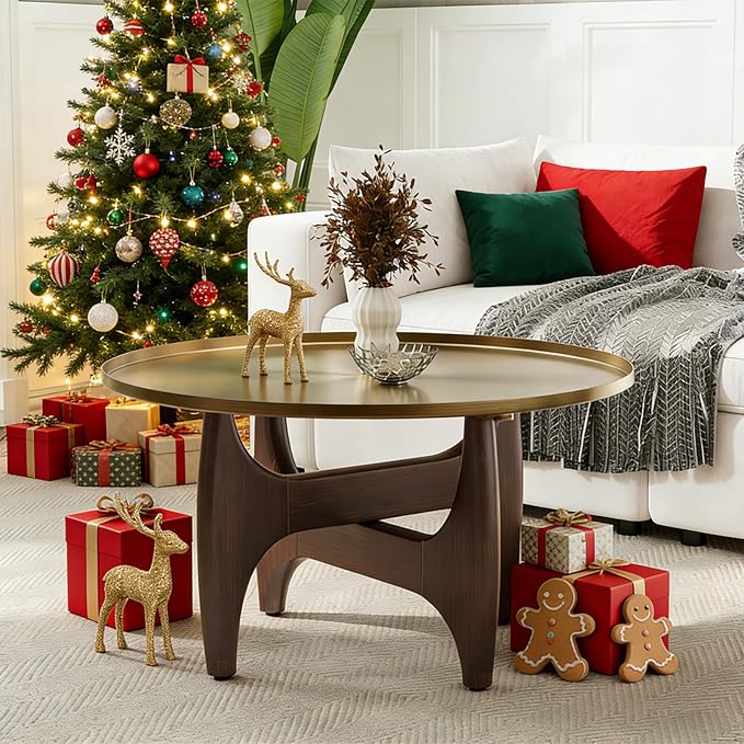 ACEDÉCOR Round Coffee Table, 30" Coffee Tables with Brushed Gold Tray Top and Solid Walnut Wood Base, Center Table for Living Room, Apartments and Small Spaces，Easy-Clean