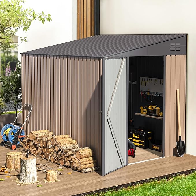AECOJOY 6' x 8' Lean to Storage Shed, 8x6 Outdoor Storage Cabinet Shed Metal Wall Side Storage Sheds & Outdoor Storage, Garden Storage Cabinet for Backayrd, Patio, Outdoor Use in Grey