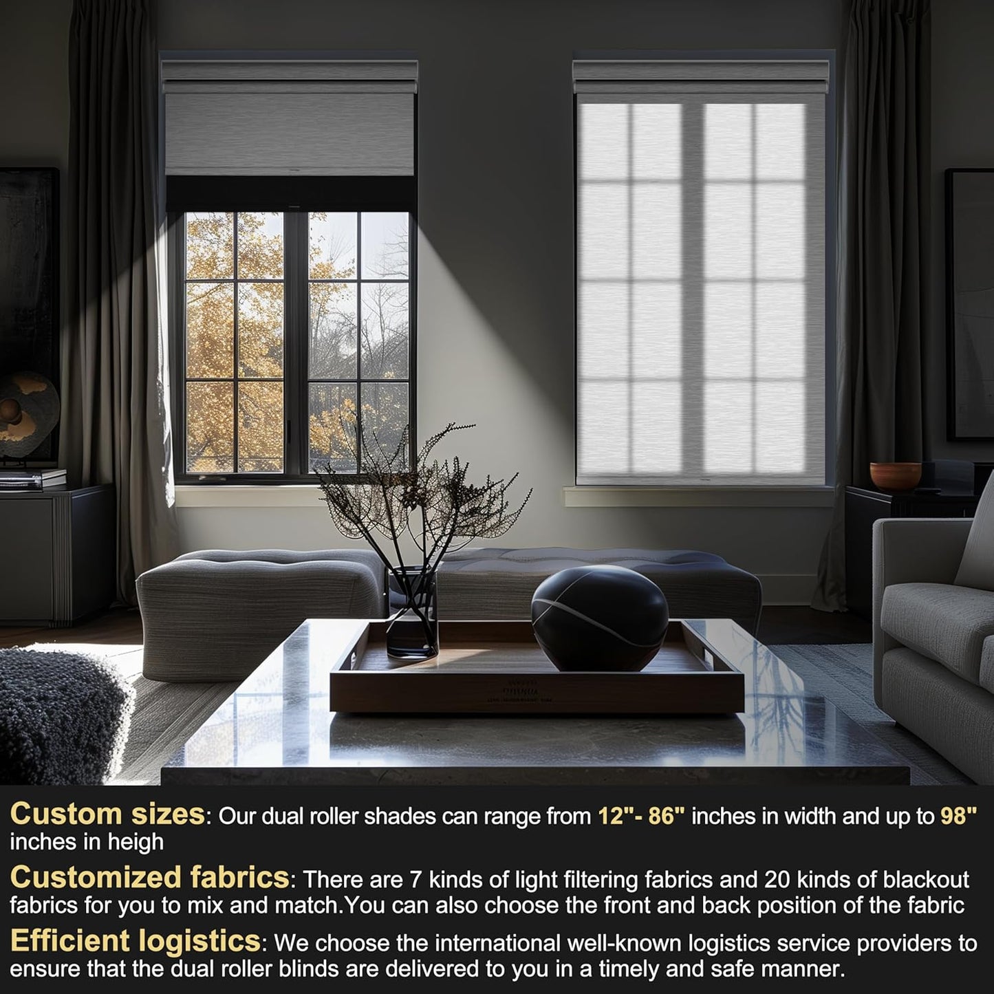 BERISSA Cordless Dual Roller Shades with Cassette Valance - Double Window Shades with Blackout and Light Filtering, Day and Night Function for Home Office, Door - Linen Black and White - 40 W x 36" H