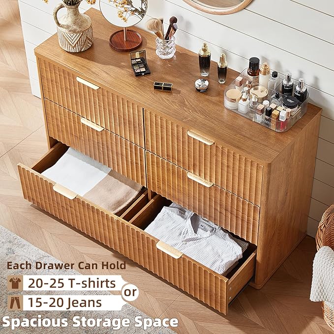 LEYAOYAO Fluted 6 Drawers Dresser, 48" Wide Modern Chest of Drawers with Wood Grain Top, Curved Profile Design, Dresser TV Stand, Wood Drawer Organizer for Bedroom, Living Room, Hallway,Brown