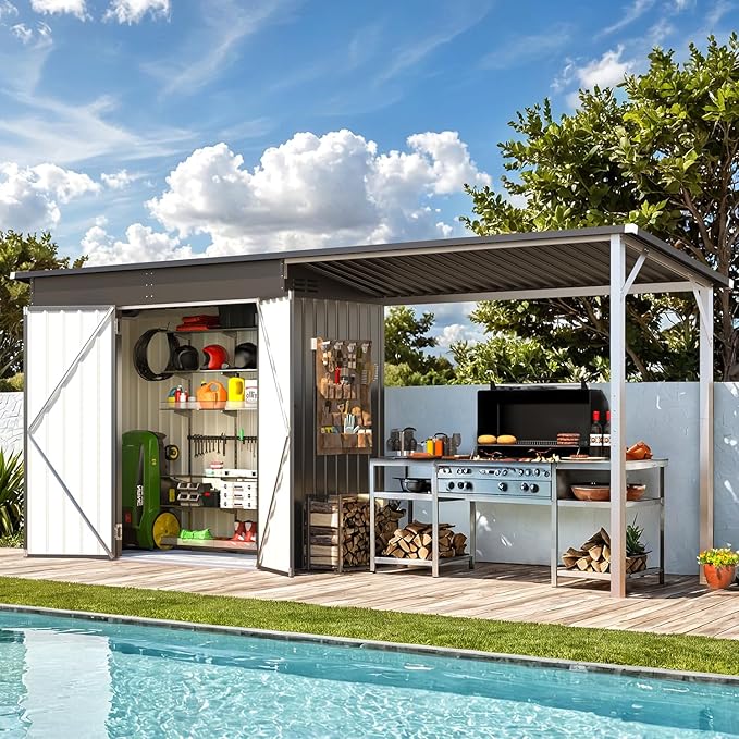 AECOJOY 14x4FT Metal Lean to Shed with Open-Sided Pergola, 4'x8' Outdoor Storage Shed & 6'x4' Attached Hardtop Gazebo Combo, 56 Sq.Ft Covered, 2-in-1 Small Sheds & Outdoor Storage for Patio, Backyard