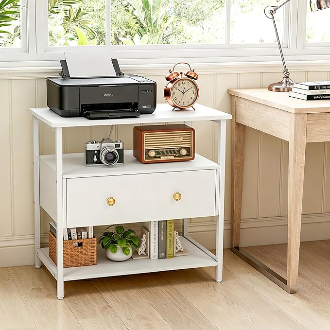 27 Inch Wide Night Stand with Charging Station, Wood Nightstand with Open Shelf, Large Drawer Bedside Table for Living Room/Bedroom/Office (White)