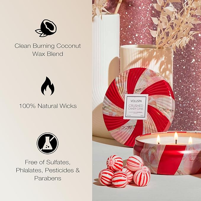 Voluspa Crushed Candy Cane, 3 Wick Tin Candle, 12 oz, 40 Hour Burn Time, Coconut Wax for Clean Burning, Handcrafted in The USA