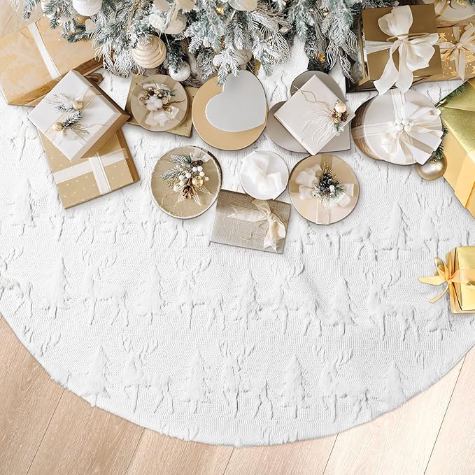 Civaner 48 Inch White Christmas Tree Skirt Faux Fur with Cable Knit Vintage for 7.5 ft Christmas Trees Decoration Thick Plush Skirt Decorations for Xmas Holiday