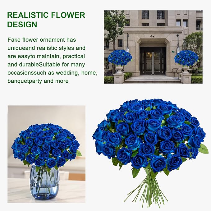 Artificial Flowers Roses Touch Fake Rose Bouquet Flower Stem for Wedding Centerpieces DIY Wreath Home Decorations Silk Roses Mothers Party Fake Outdoor Flowers Decor 19.6"(50PCS Blue)