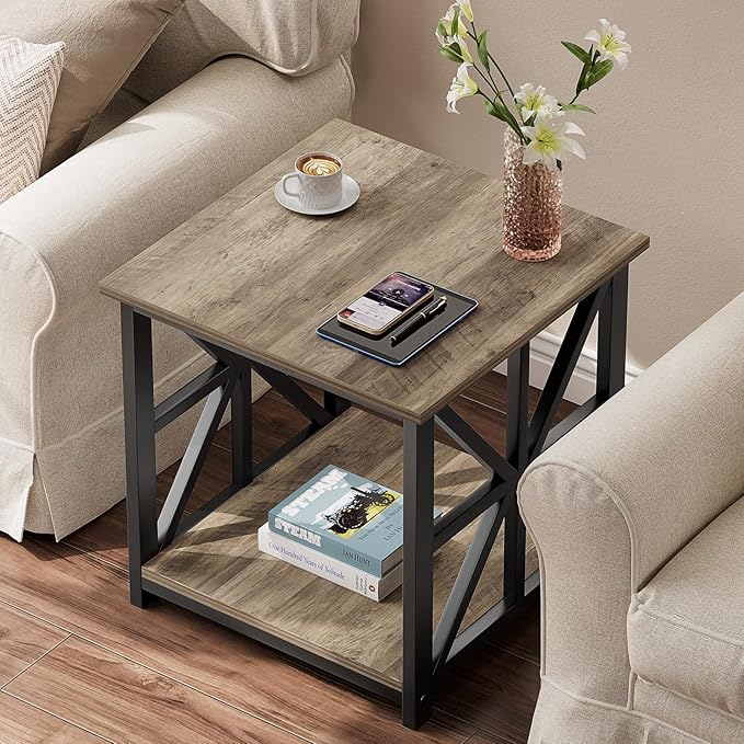 GreenForest End Table with 2-Tier Storage Shelf, 19.7 inch Side Table for Living Room, Modern Nightstand Bedside Table for Bedroom Office, Grey Wash