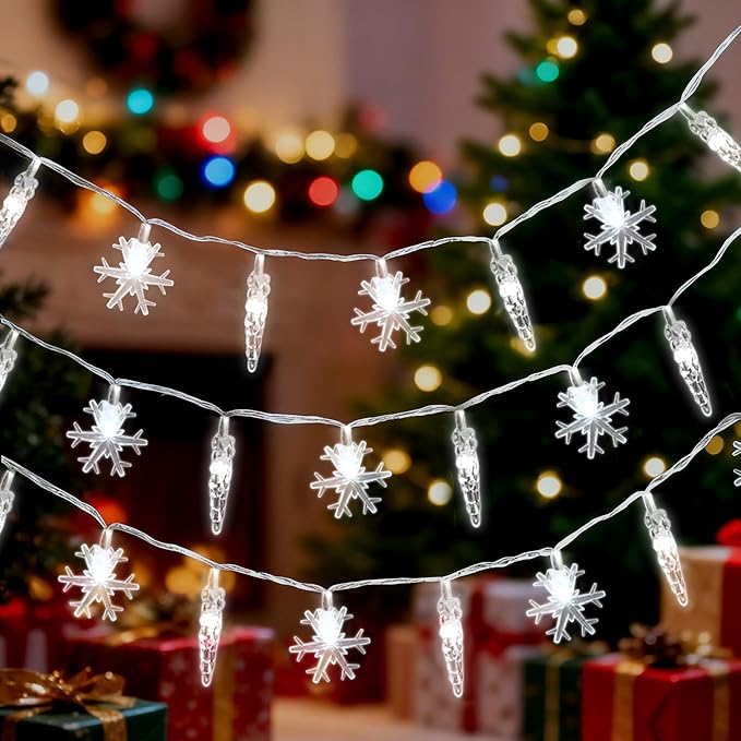 Christmas Icicle Lights Indoor，20ft 40 LED Icicle String Lights Battery Operated Powered Christmas Lights for Indoor Winter Christmas Decorations
