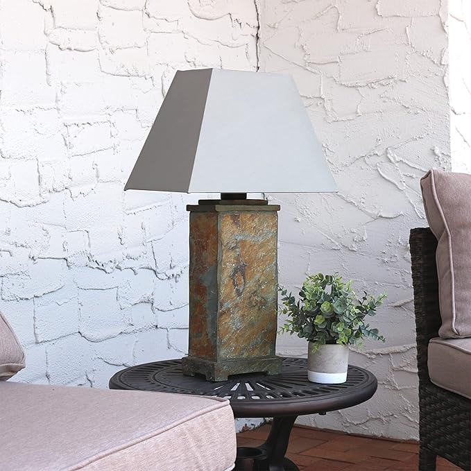 Sunnydaze 24" Outdoor Table Lamp - Weather-Resistant Natural Slate Light for Indoor or Outdoor Use - Gray Cotton Lampshade - Stone
