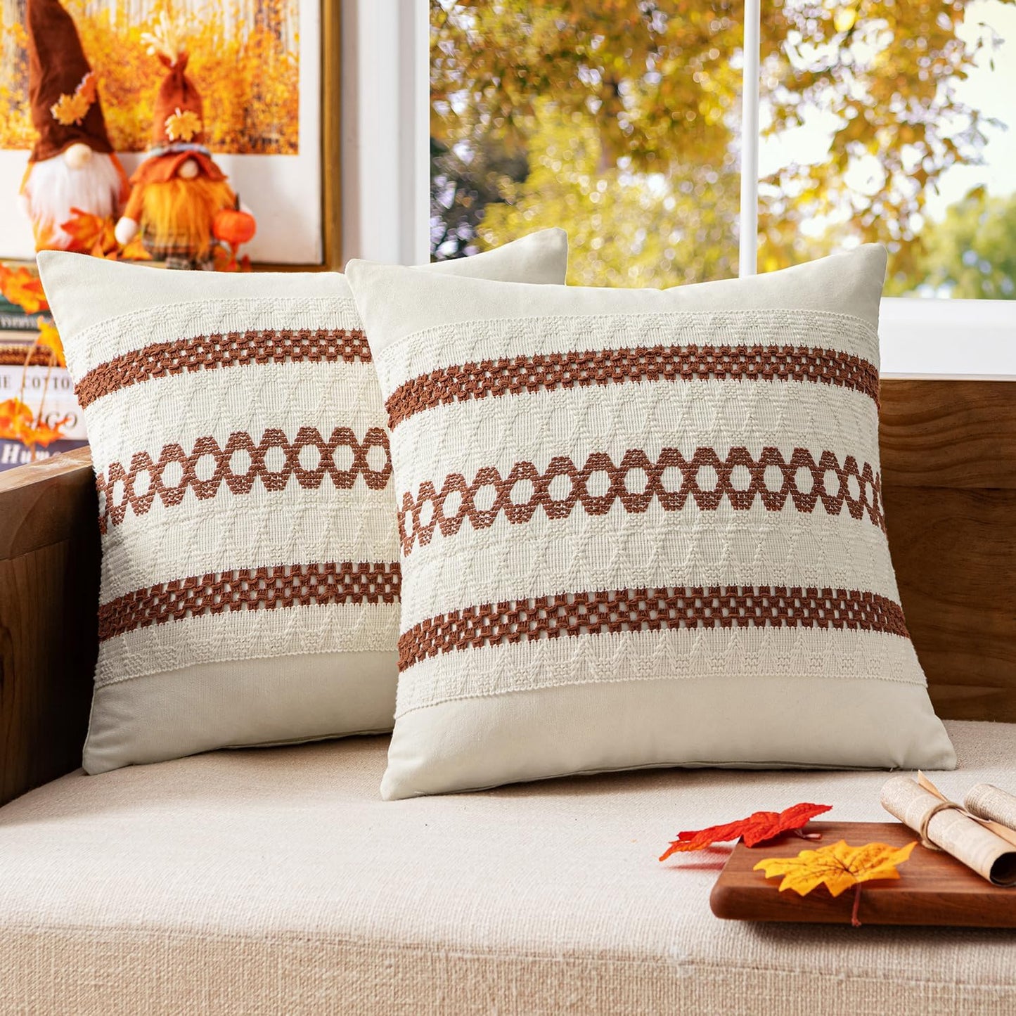 MIULEE Set of 2 Rust Fall Decorative Pillow Covers 18x18 Inch Farmhouse Rustic Boho Couch Throw Pillows Modern Cotton Cushion Covers Retro Cute Macrame Woven Home Decor for Bed Sofa Chair